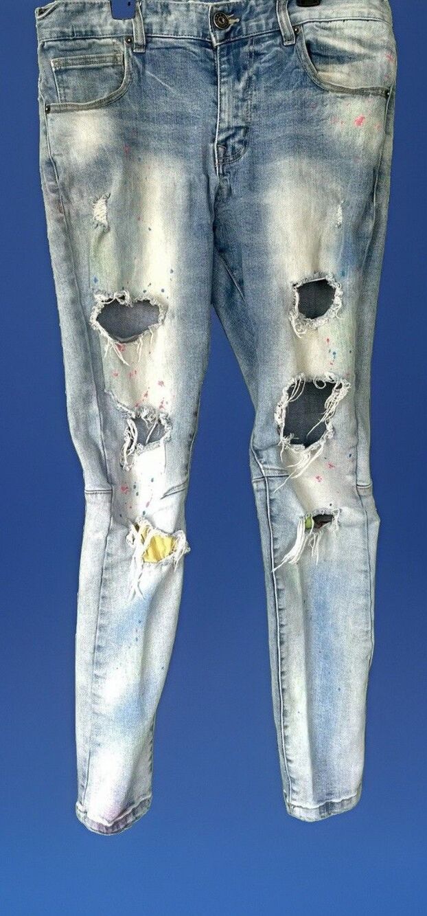 Kloud 9 Men Ripped Jeans 32x32 Blue Paint Splatter Distressed Slim Tapered Y2K